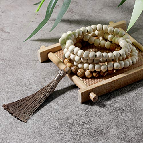 8MM Semi-Precious Gem Stones Wood Mala Bead Necklace Multicolor Tassel Charms Chain Necklace Handmade Beaded Pendant Necklace for Women Men - color: Wooden+Picture Jasper
