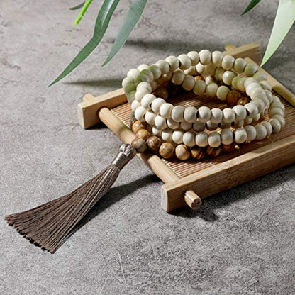 8MM Semi-Precious Gem Stones Wood Mala Bead Necklace Multicolor Tassel Charms Chain Necklace Handmade Beaded Pendant Necklace for Women Men - color: Wooden+Picture Jasper