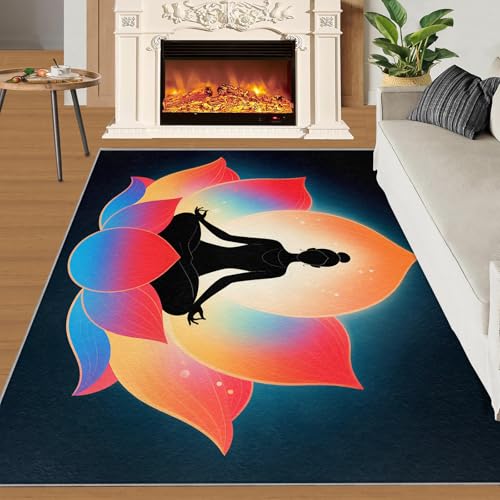 Yoga Rug, Abstract Lotus Rugs for Living Room, Meditation Washable Rugs for Bedroom, Low Pile & Non Slip, Indoor Carpet, 3x4 Area Rug & Home Decor