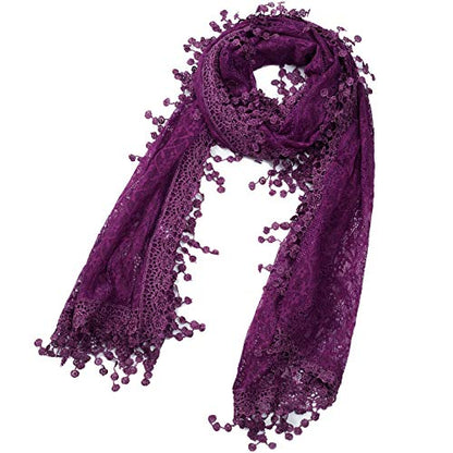 Cindy and Wendy Lightweight Soft Leaf Lace Fringes Scarf Bridal Veils shawl for Women - color: Purple-2