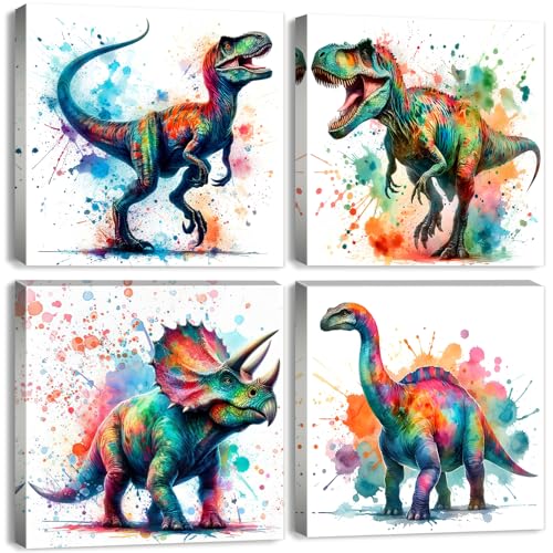 Colorful Dinosaur Canvas Wall Art for Boys Watercolor Dinosaur Pictures Kids Bedroom Wall Decor Dino Painting Prints Toddler Nursery Jurassic Animal Poster Artwork Bathroom Home Decoration 16x16” 4Pcs - color: Dinosaur, size: 16"l X 16"w