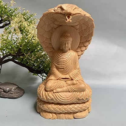 Solid Wood Amitabha Buddha Statue Zen Decor,Sakyamuni Sitting on Snake Figurines Home Office Decor,Feng Shui Decor Amitabha Buddha Sculpture Ornament