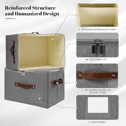 ANMINY Storage Bins with Zipper Lid Storage Boxes with Label Holder PU Leather Handles Washable Foldable Decorative Lidded Cotton Linen Fabric Cubes Baskets Closet Organizer - Gray, Small