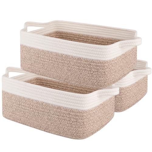 OIAHOMY 3 Pack Storage Baskets for Organizing, Woven Cotton Rope Basket for Shelves, Closet Organizer Bins with Handles, Rectangle Toy Organization, 13.78''×9.84''×5.5'', Brown & White - color: Brown variegated, size: 13.8''×9.8''×5.5''