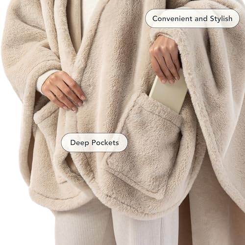 Berkshire Faux Fur Wearable Blanket, Cozy Reversible Loftmink Fleece Shawl with Hood & Side Pockets - color: Grain