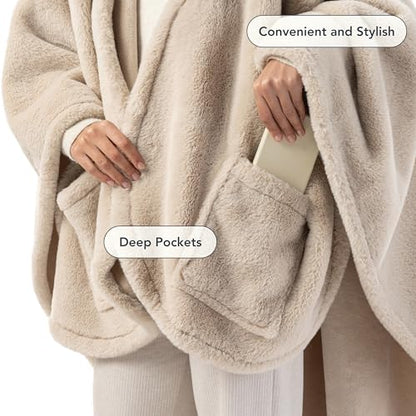 Berkshire Faux Fur Wearable Blanket, Cozy Reversible Loftmink Fleece Shawl with Hood & Side Pockets - color: Grain