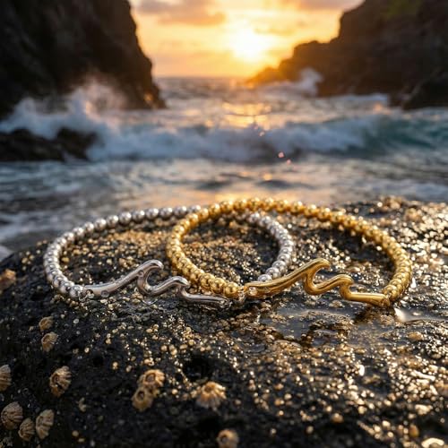 Wave Bar Stainless Steel Bead Bracelets Set, Gold and Silver Tone Stretch Minimalist Jewelry for Women and Men