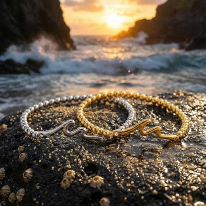 Wave Bar Stainless Steel Bead Bracelets Set, Gold and Silver Tone Stretch Minimalist Jewelry for Women and Men