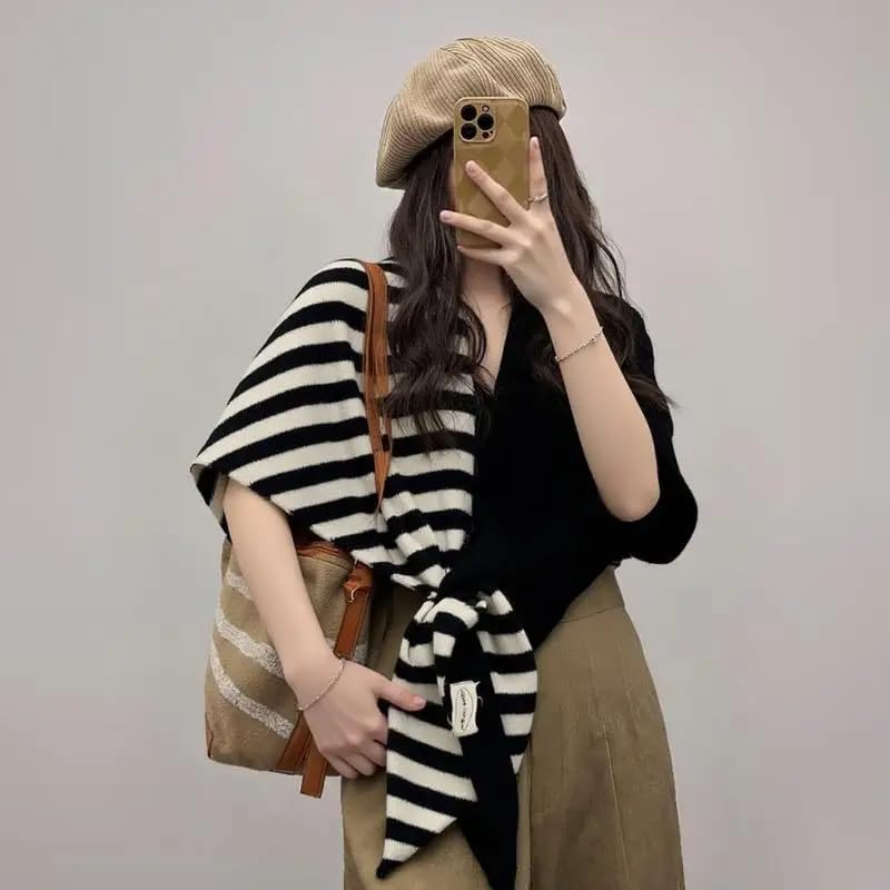 Women Pashmina Shawl Wraps Knitted Shawls and Wraps Cardigan Cape Wool Cashmere Shoulder Top Sweater Shawl Scarf - color: Stripe Black