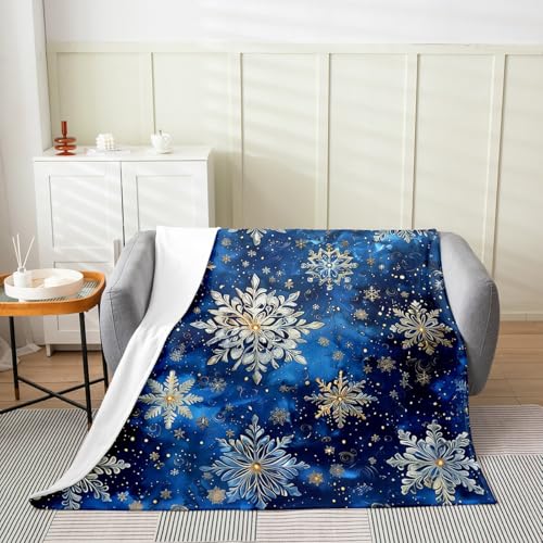 Snowflake Flannel Fleece Blanket Throw Size,Super Soft Cozy Geometric Snowflake Plush Blankets,Lightweight Microfiber Cold Winter Throw Blanket for Couch Sofa Bed,50x60 Inches - color: Blue Gold, size: Throw