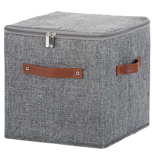 11inch Storage Boxes Cubes with Zipper Lid Collapsible Fabric Lidded Storage Bins Baskets PU Leather Handle Cotton Linen Decorative Shelf Closet Organizer Container (Gray, 1PCS) - color: Gray, size: 11 in (Set of 1)