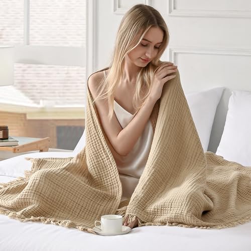Esterra Muslin Throw Blanket 50x65 Inches Cozy Soft Lightweight Pre-Washed Cotton Blanket, All Season Breathable 4-Layer Gauze Blanket Throw for Sofa Couch Bed, Curds&Whey - color: 05 - Curds Whey, size: Throw (50"x65")