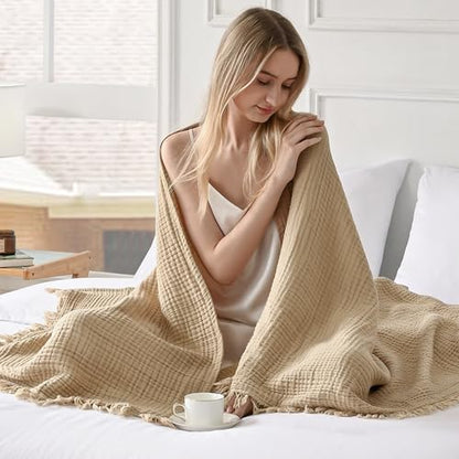 Esterra Muslin Throw Blanket 50x65 Inches Cozy Soft Lightweight Pre-Washed Cotton Blanket, All Season Breathable 4-Layer Gauze Blanket Throw for Sofa Couch Bed, Curds&Whey - color: 05 - Curds Whey, size: Throw (50"x65")