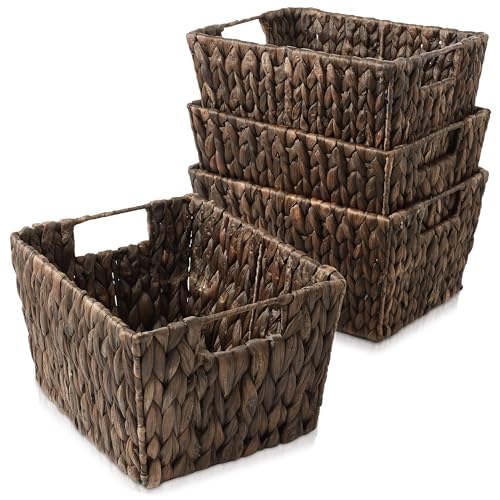 Casafield Set of 4 Water Hyacinth Storage Baskets with Handles - Espresso Brown, Woven Storage Bins for Shelves, Blankets, Laundry Organization - color: Espresso - Hyacinth