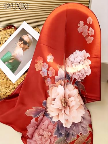 100% Mulberry Silk Oversized Women’s Sun-Shielding Shawl Formal Evening Neckwear Featherlight Airy - color: N11-crimson Peony Scarf（69" X 21"inch）