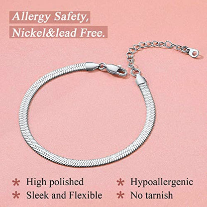 FindChic Elegant Herringbone Snake Chain Anklets/Bracelets 3MM/5MM Width Stainless Steel/18K Gold/Rose Gold Plated/Black 4 Color Options, 8.3'' 8.5'' 10.5'' Length, with Gift Box - color: A: 5mm 8.5'' anklet (Stainless Steel)