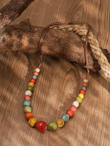MINACHI Hippie Boho Colorful Ceramic Round Beads Strand Necklace, Bohemian Fashion Statement Jewelry Gift for Women - color: S02