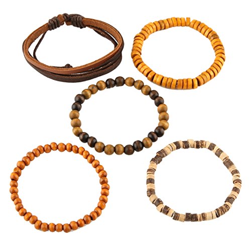 HZMAN Wrap Bracelets Men Women, Hemp Cords Wood Beads Ethnic Tribal Bracelets, Leather Wristbands - style: Coconut shell 5 Mix