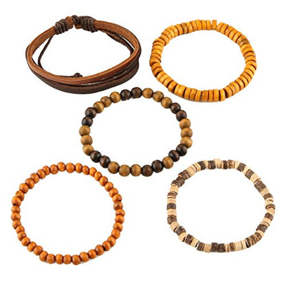 HZMAN Wrap Bracelets Men Women, Hemp Cords Wood Beads Ethnic Tribal Bracelets, Leather Wristbands - style: Coconut shell 5 Mix