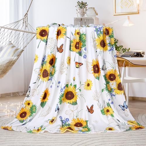 Sunflower Throw Blanket Ultra Soft Butterfly Floral Blanket Cozy Flannel Fleece Bed Blanket Lightweight Fuzzy Plush Flowers Couch Cover Sunflowers Gifts Throw Decor for Women Girls 60" X 80" - color: Golden, size: 60"×80"