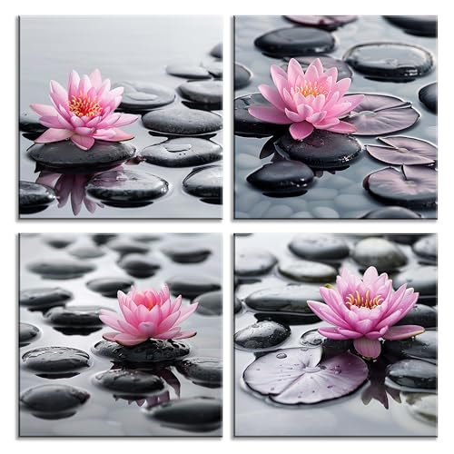 NAN Wind 4Pcs Zen Pink Water Lily Black Stones Framed Canvas Art Botanical Floral Print Modern Spa Art for Home Decor, Ready to Hang Flower Wall Art for Living Room Bedroom Meditation Space