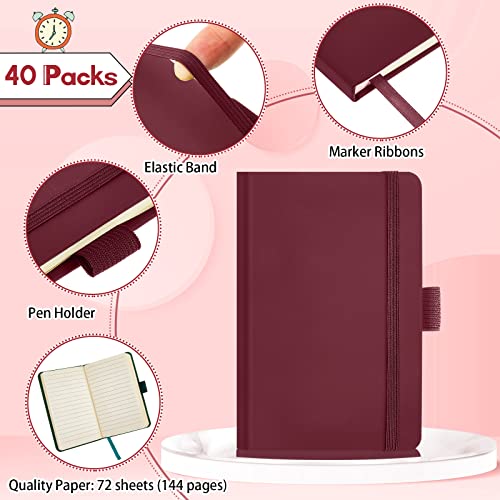 Laumoi Small Notebooks A6 Pocket Journals 3.5 x 5.5 Inch Small Leather Notebook Mini Ruled Lined Journal with Elastic Band Pen Holder Page Marker Ribbons(Wine Red,40 Pieces) - color: Wine Red