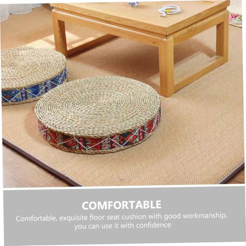 ULTECHNOVO Bohemian Red Woven Meditation Floor Cushion 30cm Diameter X 7cm Height Zafu Japanese Style Straw Sitting Pad for Yoga and Zen Practice