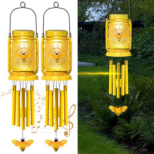 2 Pack Solar Bee Wind Chimes for Outside for Mom Women Grandma,Solar Bee Mason Jar Wind Chime Light Unique Hanging Wind Chimes Outdoor,IP65 Waterproof, for Yard Garden Terrace - size: 2 pack-bee jar wind chime