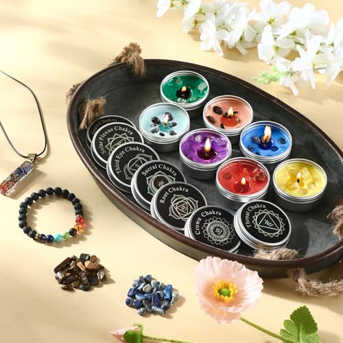 9 Pcs Chakra Candles Set with Healing Crystal Bracelet Necklace Spiritual Gifts for Women Meditation Scented Soy Aromatherapy Healing Candles Reiki Gifts for Positive Energy Yoga Relaxation