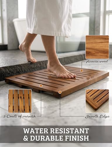 Acacia Wood Shower Mat 24x18 Inches by Demigo, Luxury Bath Mat Non Slip for Bathroom Bathtub Shower Spa Garden Home, Wooden Floor Mat Square Large for Outdoor and Indoor - size: 24" x 18" (Rectangular)