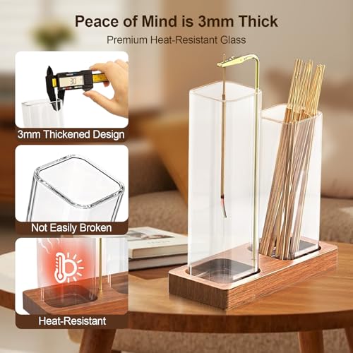 2 in 1 Incense Holder & Upside Down Burner with 7.8" & 5.9" Glass Jars, Ash Catcher & Storage for Sticks, Wooden Bakhoor Burner for Yoga Meditation Home Decor, Includes 20 Incense Sticks & Brush