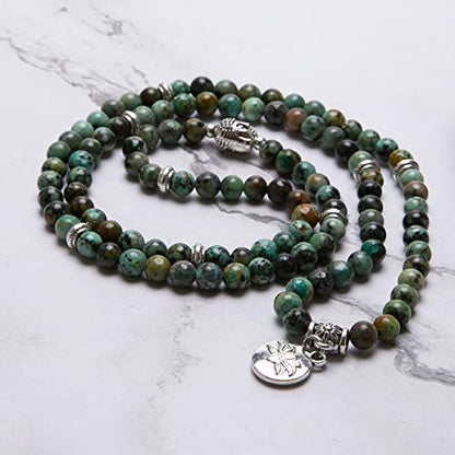 Bivei 108 Mala Beads Necklace Long Beaded Wrap Bracelets Genuine Gemstone Mala Prayer Beads Lotus Buddha Charm Yoga Meditation Necklace - color: African Turquoise-Lotus OM-Buddha