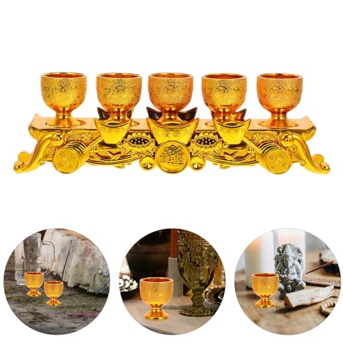 Buddhist Water Offering Cup Set Golden Mini Plastic Buddhist Chalice Cups with Base Temple Worship Mug 5pcs Blessing Goblets