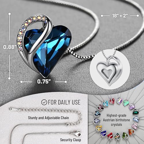Leafael Gift Necklaces for Women, Infinity Love Birthstone Heart Crystal Pendant, Birthday Anniversary Jewelry for Wife, Mom, and Her, Silver Plated, 18" + 2" Adjustable Chain - color: 09a-September-Bermuda Sapphire Blue