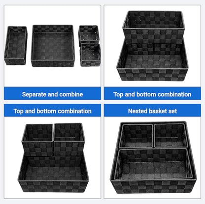 Small Black Baskets, 4 Piece Multi Size Black Woven Baskets with Metal Frame, Closet Shelf Dresser Bathroom Storage, Vanity Drawer Bedroom Office Organization