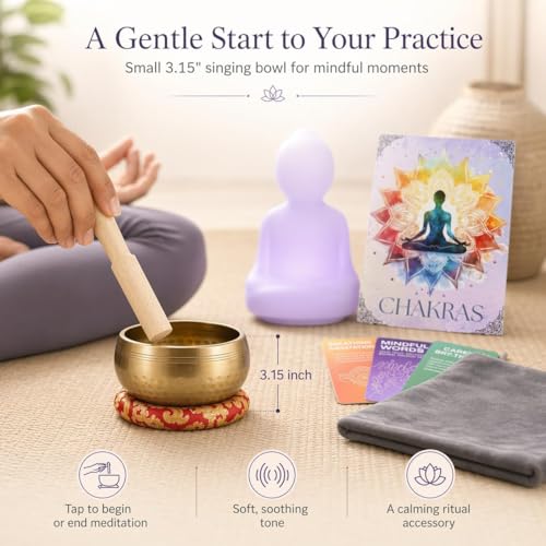 Meditation Cushion Set with Buckwheat Zafu, Breathing Light, Singing Bowl, Eye Pillow & Affirmation Cards – Meditation Kit for Beginners, Mindfulness Gift Set for Stress Relief & Yoga