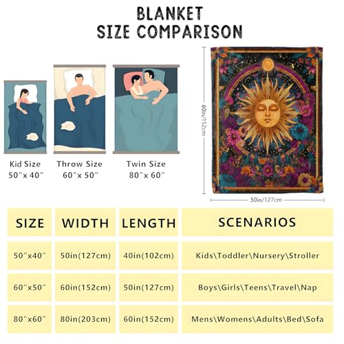 Mystical Sun Throw Blanket Soft Cozy Lightweight Flannel Blankets with Cosmic Floral Art Printed for Adults Astrology Lovers Bedroom Dorm Office Celestial Decor Gifts 50x60 Inch