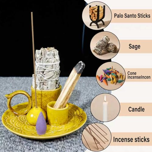 MOUGIGI 5.1-Inch 5-in-1 Yellow Ceramic Incense Holder - Fits Palo Santo, Sage, Incense Sticks/Cones, Small Candle, Smudge Burning Tray.Zen Altar for Meditation/Yoga, Aromatic Scents, Matches Friendly - color: Multifunctional Palo Plate-yellow