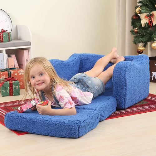 MOMCAYWEX Kids Sofa, 2-in-1 Flip-Out Foam Couch with Soft Sherpa Cover, Cozy Play Lounge Chair, Sky Blue - color: Sky Blue, size: Medium