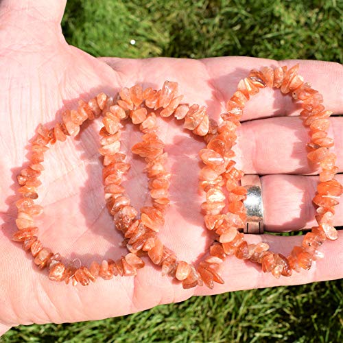 Zenergy Gems Charged Premium Natural Crystal Chip Bead Bracelet + Moroccan Selenite Charging Crystal [Included] - color: Beautiful Sunstone