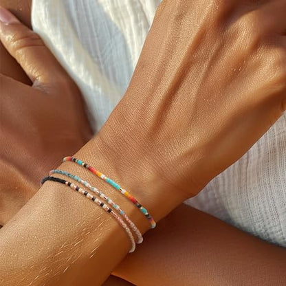 Seed Beaded Bracelets for Women, Boho Handmade Adjustable Colorful Beads Strand Summer Beach Jewelry Gift.