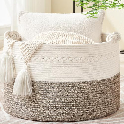 KAKAMAY Large Blanket Basket (20"x13"),Woven Baskets for storage Baby Laundry Hamper, Cotton Rope Blanket Basket for Living Room, Laundry, Nursery, Pillows, Baby Toy chest (White/Beige) - color: Beige