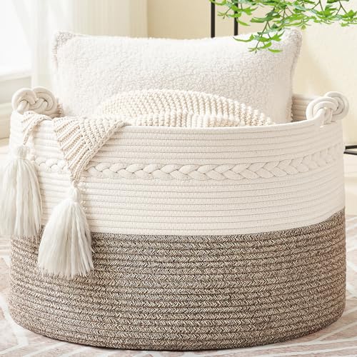 KAKAMAY Large Blanket Basket (20"x13"),Woven Baskets for storage Baby Laundry Hamper, Cotton Rope Blanket Basket for Living Room, Laundry, Nursery, Pillows, Baby Toy chest (White/Beige) - color: Beige