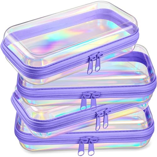 Hoolerry 4 Pcs Hard Clear Zipper Case Makeup Bags Plastic Zipper Pouch Transparent Storage Box Containers for Cosmetics, Snacks, Building Blocks, Puzzles(Clear,7.5 x 3.9 x 2 in,Purple Laser) - color: Purple Laser, size: 7.5 x 3.9 x 2 in