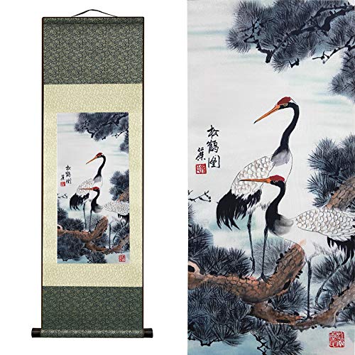 AtfArt Asian Wall Silk Scrolls Decor Beautiful Painting White Crane - Red Crowned Crane - Grus Japonensis Oriental Decor Chinese Art Wall Scroll Wall Hanging Painting Scroll (39 x 12 in) - color: B2
