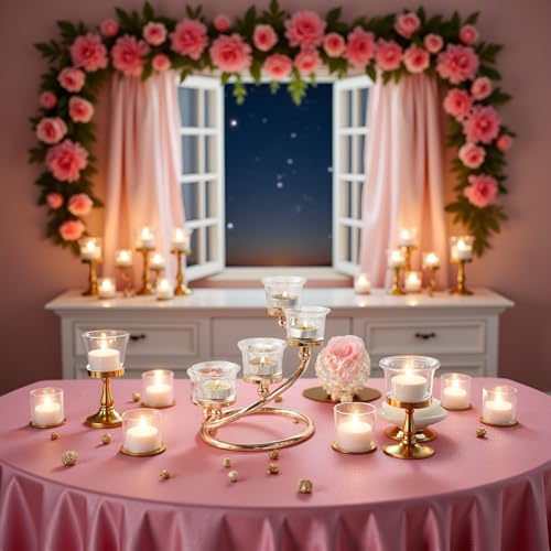 1Pc Gold 5-arm Metal & Glass Tea Light Candle Holders for Table Centerpiece, Glass Votive Tealight Holders/Candelabra Candlestick Holders for Wedding,Party, Anniversary,Christmas - color: Gold