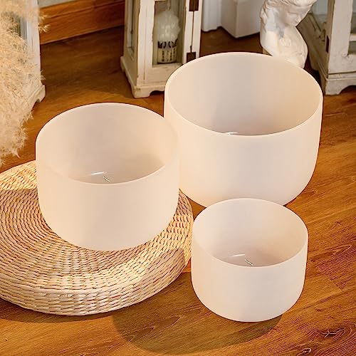KVKA Set of 3pcs Chakra Frosted Quartz Crystal Singing Bowls Set 8-12 inch with Carrying Case - 12''C 10''F 8''B for Yoga Sound Healing