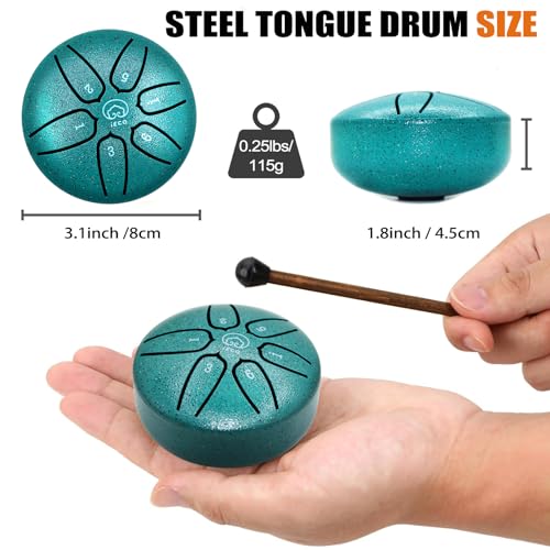 Mini Steel Tongue Drum 3 Inch 6 Notes Steel Drum Instrument, Ethereal Drum for Kids Adults, Handpan Drum for Meditation Sound Healing - color: Green