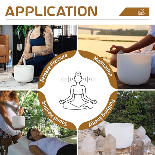 432HZ 7 Inch F Note Heart Chakra Frosted Quartz Crystal Singing Bowl Meditation Therapy Sound Healing Bowl with Mallet O-ring and White Carry Bag - size: 7 inch F
