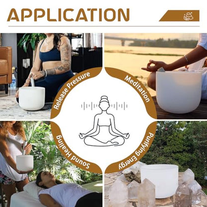 432HZ 7 Inch F Note Heart Chakra Frosted Quartz Crystal Singing Bowl Meditation Therapy Sound Healing Bowl with Mallet O-ring and White Carry Bag - size: 7 inch F